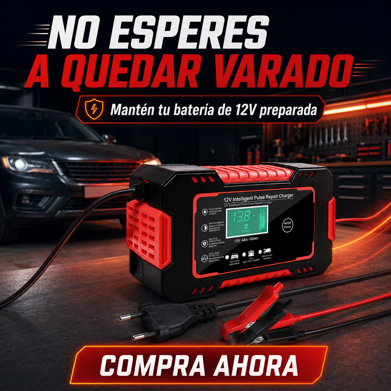 Cargador y Mantenedor de Batería Inteligente 12V — Auto y Moto