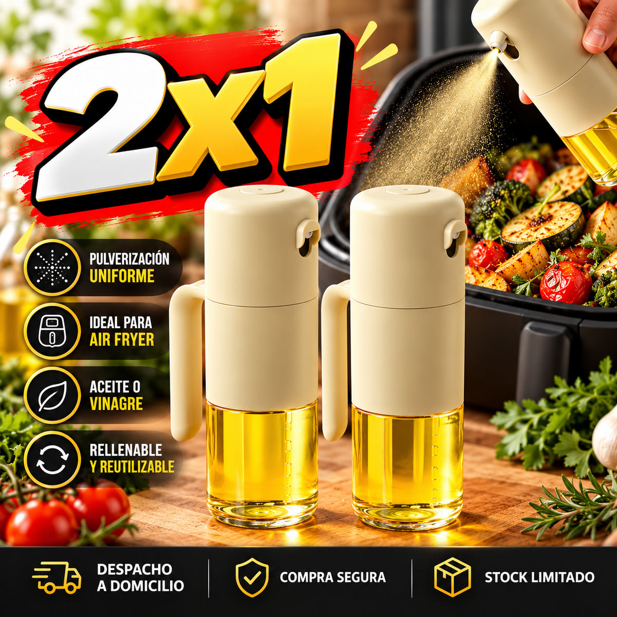 Rocía la cantidad justa. Cocina fácil y sin desperdiciar aceite.