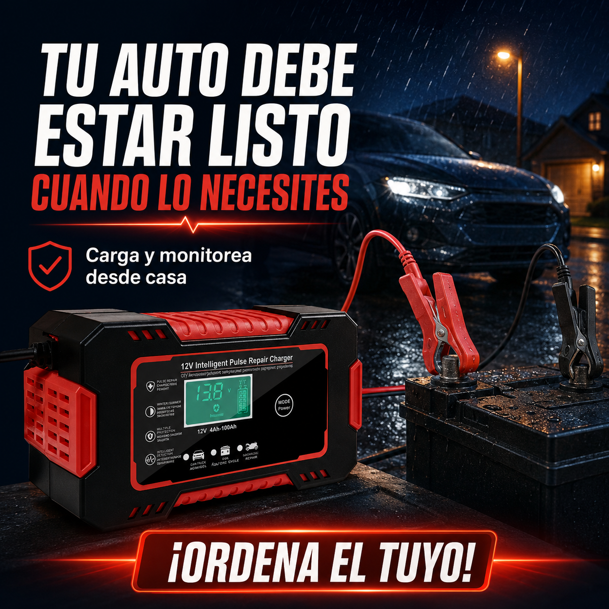 Cargador y Mantenedor de Batería Inteligente 12V — Auto y Moto