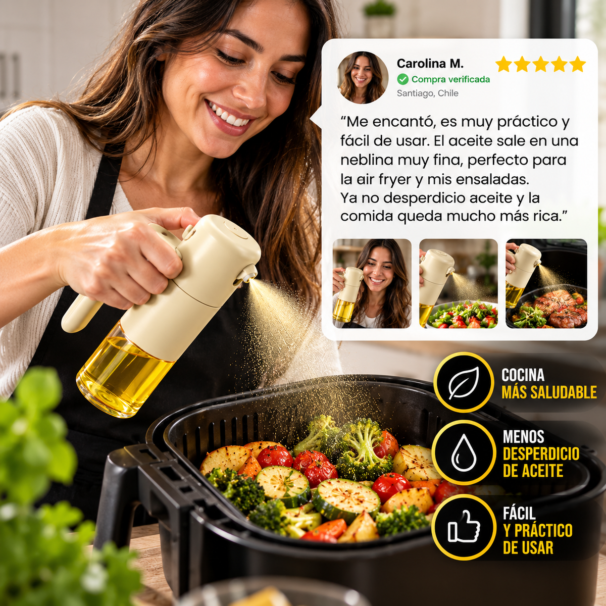 Rocía la cantidad justa. Cocina fácil y sin desperdiciar aceite.